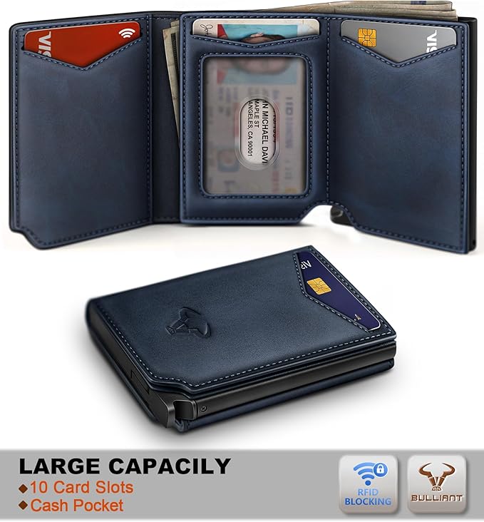 BULLIANT Men Wallet Leather Wallet Card Holders Money Clip for Men 10Cards-Magnetic Flip on Metal Case