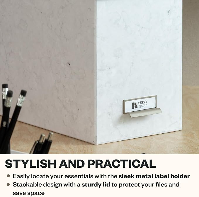 Bigso John Fiberboard Label Frame Desktop File Storage Box - Document Organizer for Important Paperwork - Durable Hanging File Box with Lid & Metal Label Window - 7.36 x 13.38 x 10.51 in - Marble