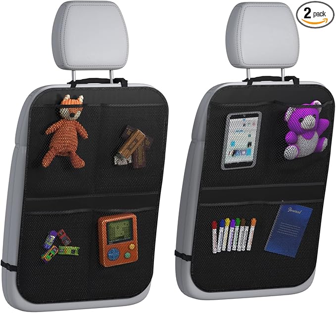 lebogner Back Seat Cover for Kids + 4 Pocket Storage Organizer, 2 Pack X-Large Waterproof Kick Mats Backseat Protector, Car Seat Back Protectors for Vehicles to Protect from Dirt, Mud & Scratches