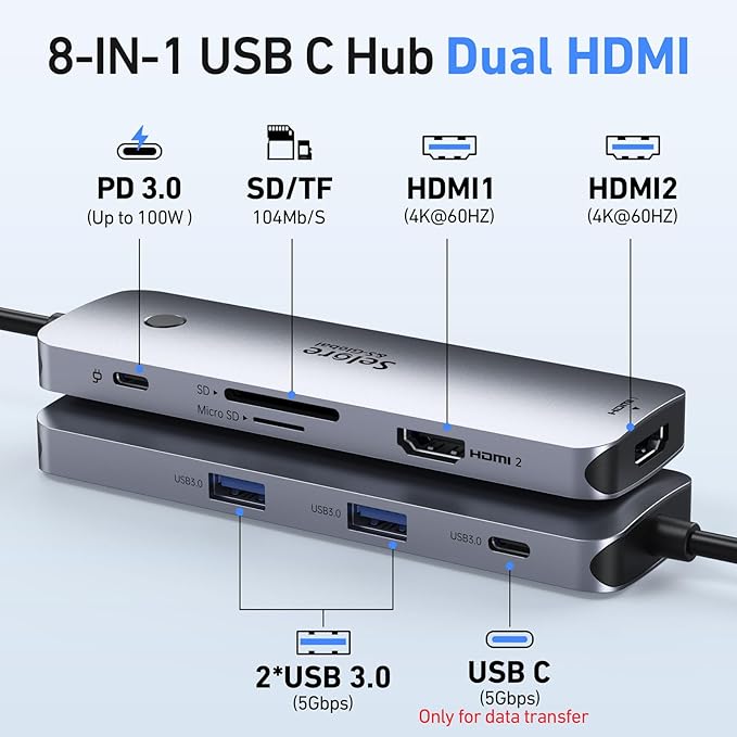 Selore USB C Docking Station Dual HDMI Monitor, USB C to Dual HDMI Adapter with 4K@60Hz HDMI, 100W PD, SD/TF, USB A&C 3.0 Ports, Laptop Docking Station for Dell XPS/HP/Lenovo/Surface/Yoga etc