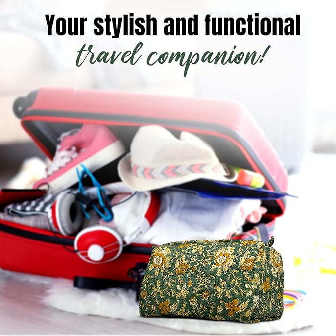 Cotton Hand Block Floral Print Toiletry Bag For Women Make Up Cosmetic Bag Jewelry Organizer Kit Storage Bag Case Travel Accessories Essentials Toiletries Purse Open Pouch, Green (9.25"x 6.88"x 4.5")