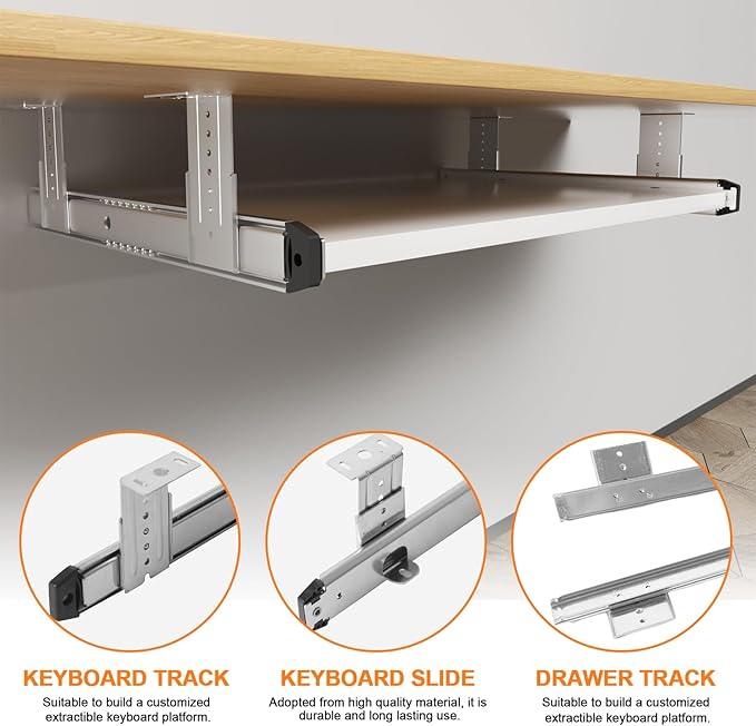 Under Desk Keyboard Tray Pull Out Slide Height Adjustable Slide Out Keyboard Draw Holder Track Full Extension Ball Bearing Under Table Lift Bracket for Mounting Music Keyboard Piano Without Tray