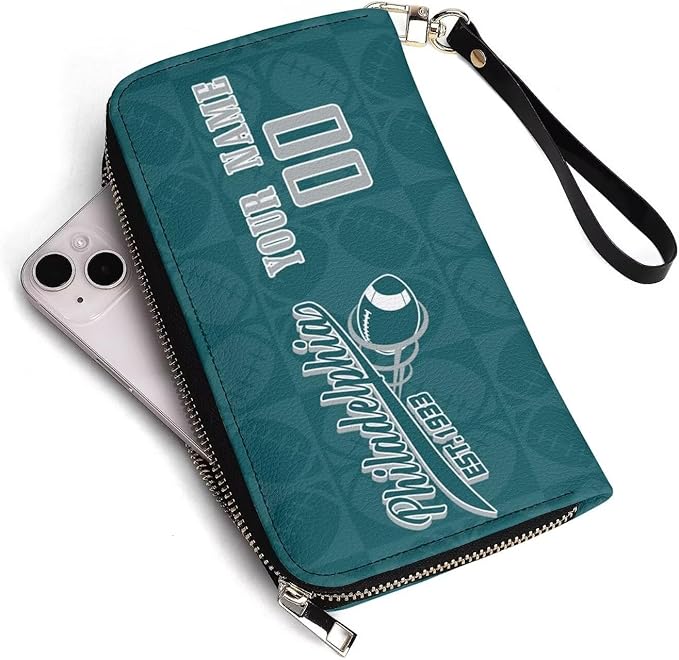 Custom Sports Team Zip Organizer Wallet-Personalized PU Leather Wallet with Name Number,Multi-Card Slots,Wrist Strap,Fan Gift for Men Women.