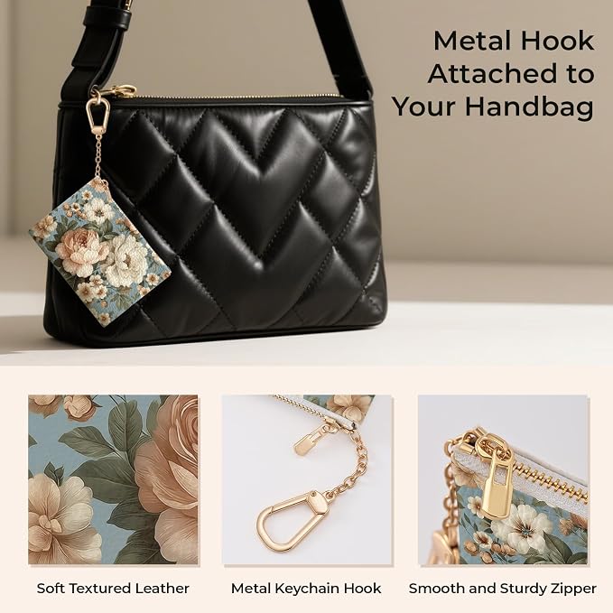 Vintage White Peony Floral Flowers Keychain Coin Purse for Women, Small PU Leather Change Pouch, Zipper Little Tiny Travel Wallet for Girls, Cute Kawaii Zip Pocket Coin Holder with Key Ring