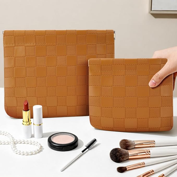 2 PCS Small Makeup Bag for Purse,Premium Small Makeup Pouch Purse,Mini Cosmetic Bag for Travel,Portable Travel Pouch with Quick Access Design,Neutral,elegant and stylish (Checkered Brown)