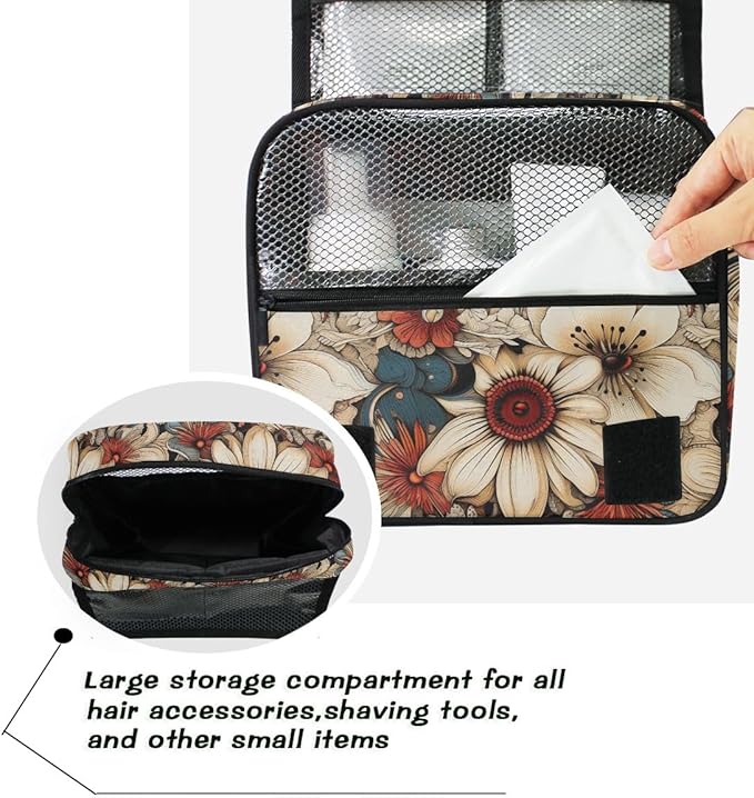 senya Hanging Travel Toiletry Bag Kit Boys Makeup Case Cosmetics Organizer for Men Women (3045 Retro Flowers)