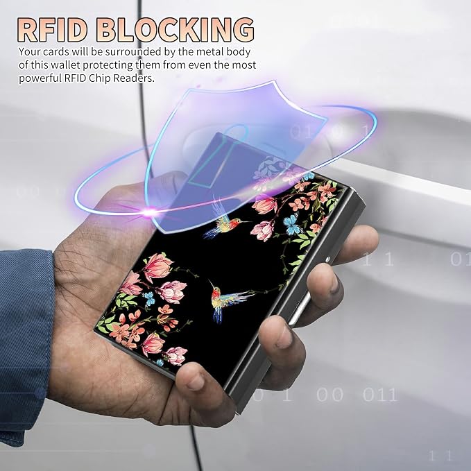 Slim Credit Card Holder, Hummingbird Floral Sakura RFID Blocking Metal Wallet for Men & Women, Aluminum Minimalist Hard Case Pocket-Sized Business Cards Organizer (Fits Up to 10 Cards)