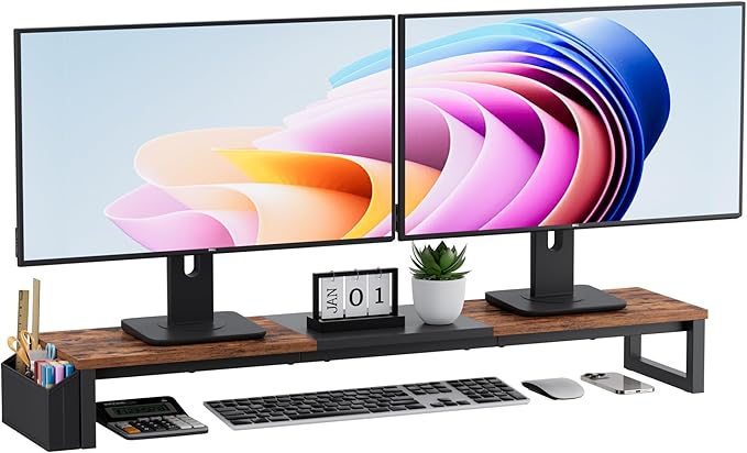 Dual Monitor Stand Riser, 41.5'' Extra Long Wood Monitor Stand Desktop Organizer with Side Pocket, Ergonomic Monitor Riser Supports 2 Monitors,TV,Laptop,Printer for Home Office, Rustic Brown