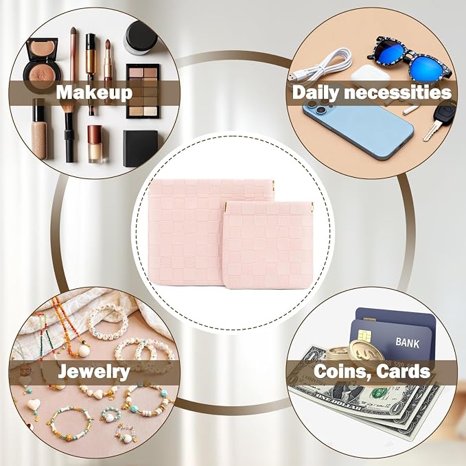 2 PCS Ladies Small Makeup Bag for Purse,Coin Purse Lipstick Cosmetic Accessories Organizer,Travel Pouch,Waterproof No Zipper Self-closing Small Makeup Pouch (Checkered Pink)