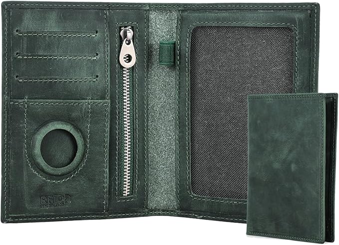 CONTACTS Full Grain Leather Passport Holder RFID Blocking Travel Passport Wallet Compatible with Airtag Passport Cover Case with 4 Cards Slots, Coin Pocket (Green)