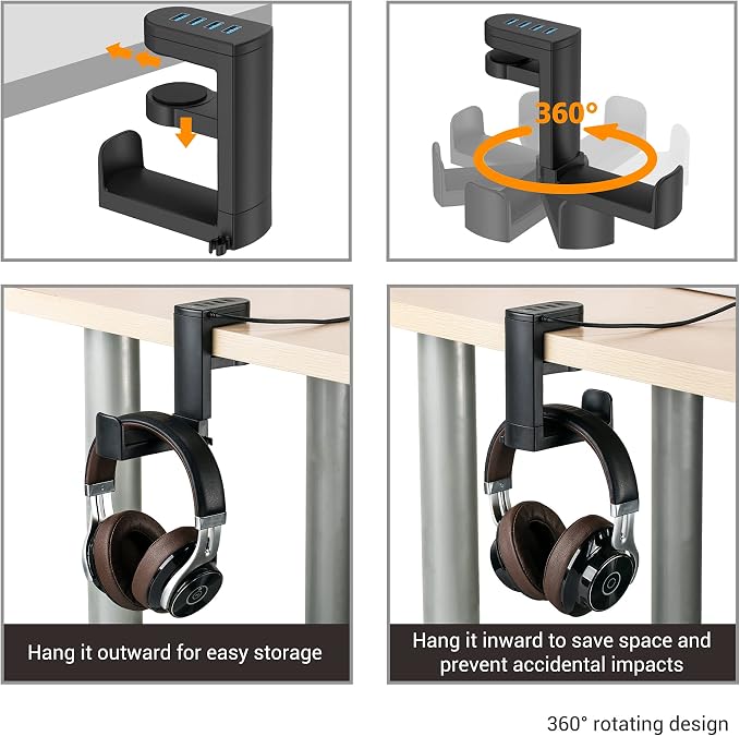 KIWIFOTOS Headphone Stand with 4 USB Ports Hub PC Gaming Headset Holder Hanger 360 Degree Rotation Clamp Under Desk Headphone Hook Mount with Cable Clip Organizer