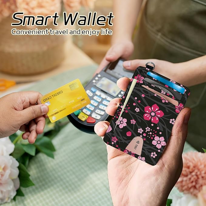 Small Travel Wallets, Pink Cherry Blossom Slim Minimalist Front Pocket Wallet with Wristlet, RFID Blocking PU Leather Credit Card Holder with ID Window Change Purse for Men Women