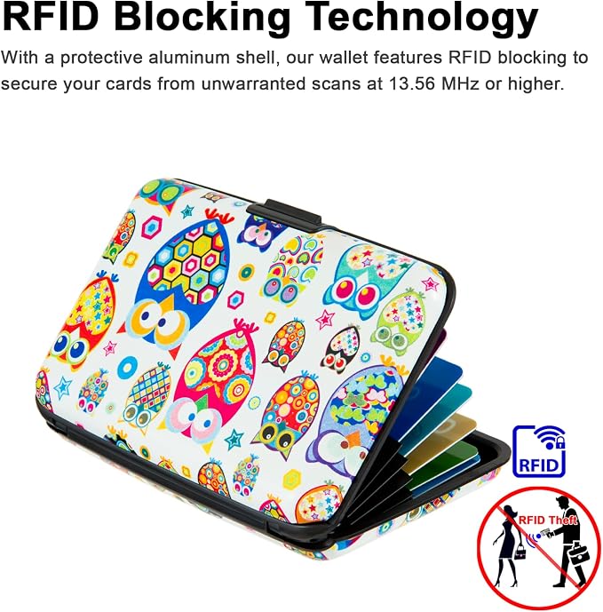 Credit Card Holder for Women Men RFID Blocking Wallet Small Business Metal Slim Mini Aluminum Hard Case (Cute Cartoon Owls)