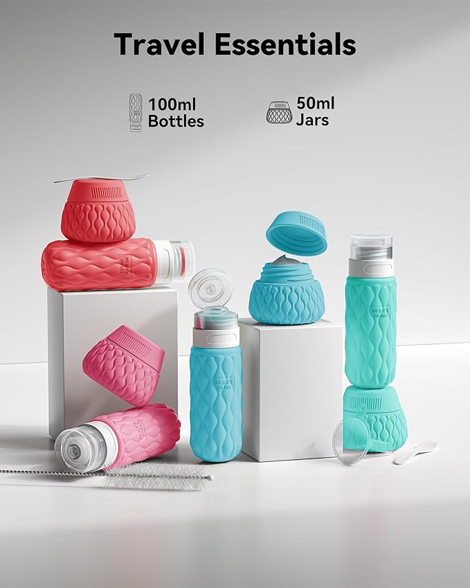 Silicone Travel Bottles for Toiletries 8 Pack Travel Size Toiletries 3.4 oz 1.7 oz, Leakproof Squeeze Travel Size Containers Refillable Cosmetic Jars Set for Shampoo, Conditioner, Creams