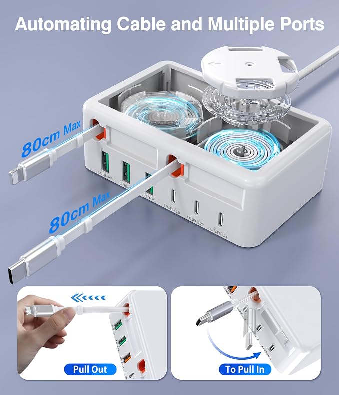 2026 Latest USB C Charger Block, 8 in 1 GaN Retractable Charger Station Hub with Lightening & Type C Cable, 120W Travel Essential Multi USB C Power Strip Plug for iPhone 17 16 15 Pro Max iPad Galaxy