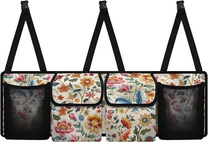 Flower Printing Car Trunk Organizer with 4 Storage Bag Hanging Car Organizer Storage Bag with Lids Collapsible Cargo Bag Free Your Trunk Floor Space
