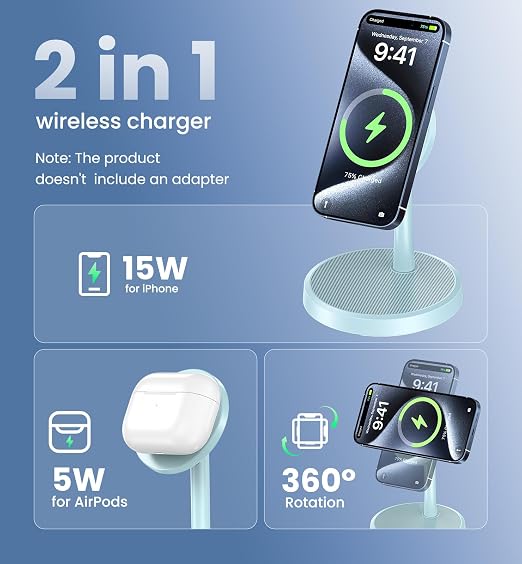 Magnetic Wireless Charger iPhone, 2 Pack 15W Fast Mag-Safe Charger Stand for iPhone 17/17 Air/17 Pro/17 Pro Max 16/15/14/13/12 Series, Wireless Charging Station for Pad/AirPods(Blue)