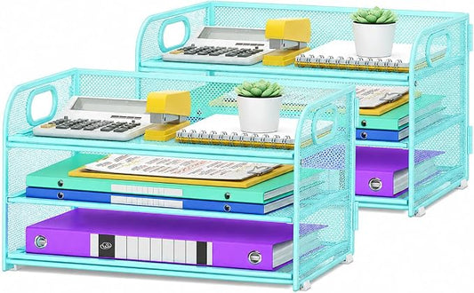 Cawukege 2 Pack 3 Tier Paper Organizer with Handle, Metal Desk Organizer Mesh Paper Letter Tray Desktop File Folder Document Sorter for Classroom, School, Office Accessories Storage (2, Blue)