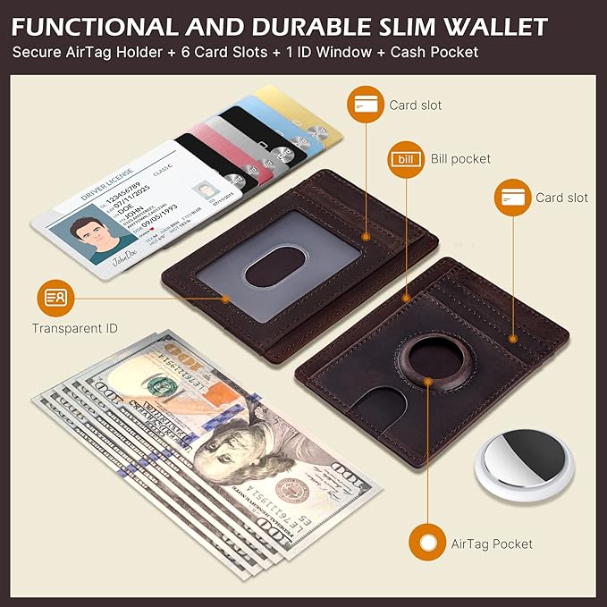 typecase Slim Minimalist Card Mens Wallet for AirTag, Front Pocket Premium Crazy Horse Leather Wallet with AirTag Holder, RFID Blocking Cash Credit Card Wallet Compatible with AirTag (Dark Brown)