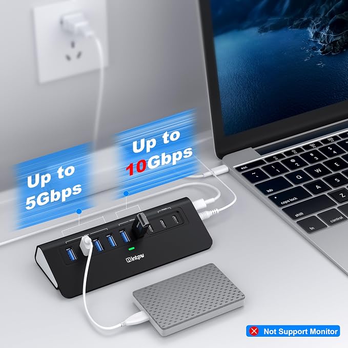Powered USB Hub 10Gbps,intpw YH6AC 9-Port USB Splitter with USB A/USB C 3.2, 4 USB 3.0, 2 PD 45W Charging Ports, 65W Power Adapter and 3.3FT Cable, Aluminum Black USB Hub for Laptop/PC,iPhone 16/15