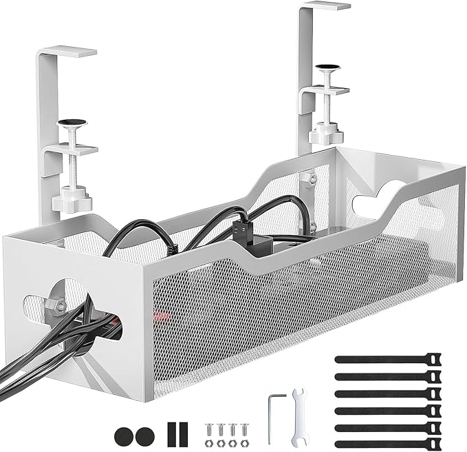 Under Desk Cable Management Tray, Heavy Duty Steel Wire Cord Organizer 13.4 Ich for Computer Desk, No Drill Adhesive or Screw Mount Options, Power Strip Holder for Home | Office | Shop (Silver)