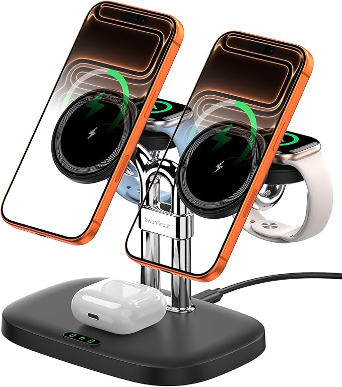 Magnetic 5-in-1 Wireless Charging Stand, Dual Phone & Dual Apple Watch Charger, 5W for Apple Watch Fast Charging Station, Compatible with iPhone 17-12, for Apple Watch Ultra/11-7, SwanScout 902M