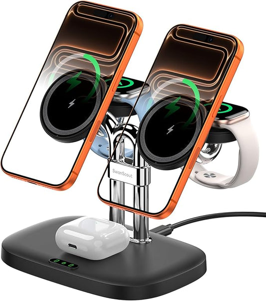 Magnetic 5-in-1 Wireless Charging Stand, Dual Phone & Dual Apple Watch Charger, 5W for Apple Watch Fast Charging Station, Compatible with iPhone 17-12, for Apple Watch Ultra/11-7, SwanScout 902M