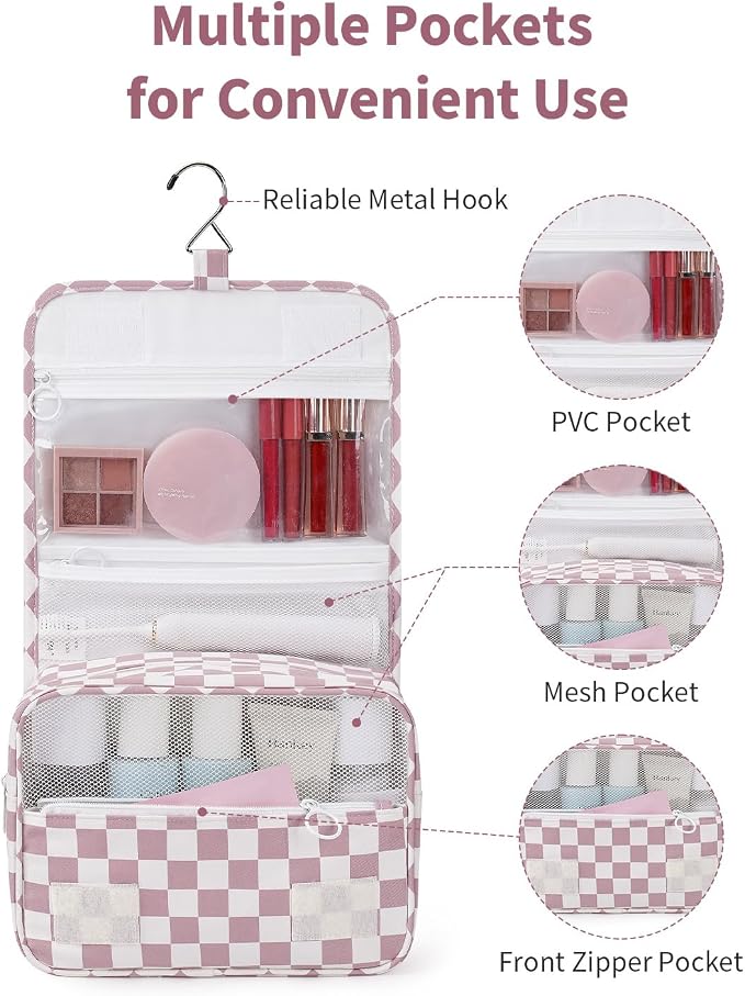 Narwey Small Hanging Travel Toiletry Bag for Traveling Women, Checkered Travel Bag for Toiletries, Makeup Bag Organizer Make Up Cosmetic Bags,Gifts for Kids Teen Girls (Dusty Pink Checkerboard)