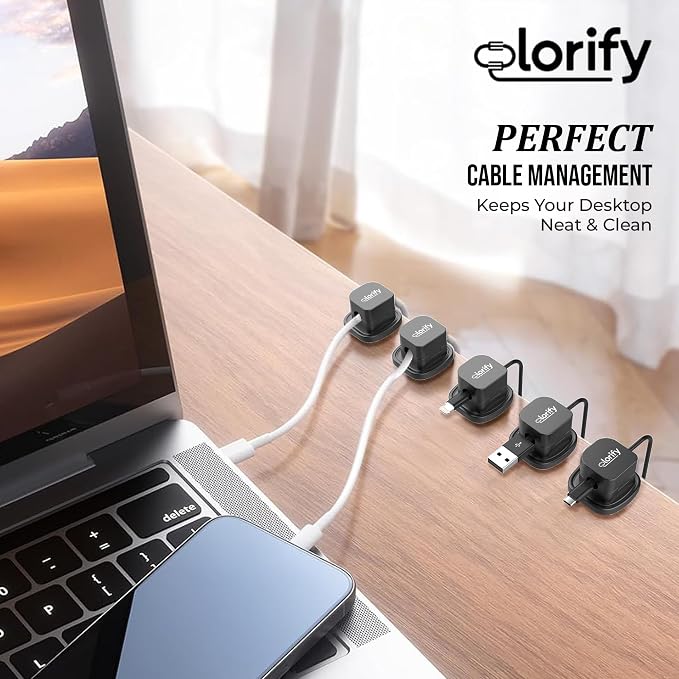 8 Pack Spring Cord Holder Clips [360° Rotatable, 1-Hand Use] — Adhesive Cable Clips for Nightstand, Desk, Wall & Kitchen | Phone Charger Cord Holder | No-Residue | Fits 2.5–8mm Cables