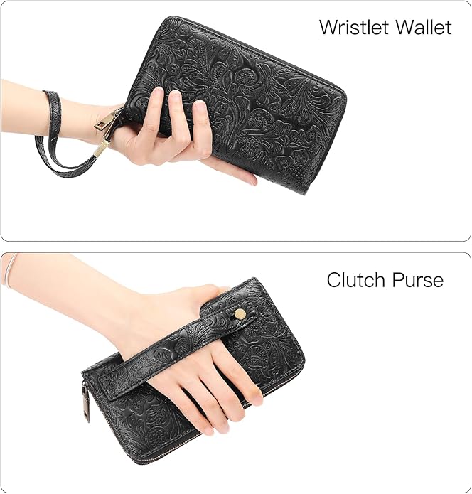 GOIACII Women's Wallet Wristlet Ladies Phone Purse RFID Blocking Large Card Holder Double Zip Grip Strap Vegan Leather