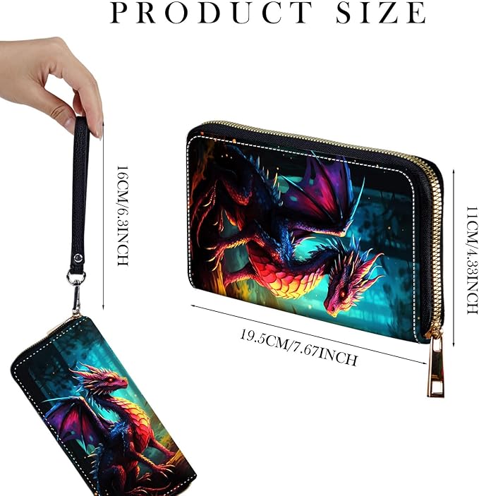Zip Around Wallets for Women with Detachable Wrist Strap, Large Capacity RFID Blocking Leather Purse Organizer Card Holder Wristlet,Forest Dragon