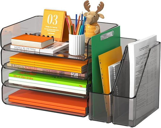 FANXIYQ 4-Tier Brown Acrylic Paper Tray Organizer with Bookends, Large Clear Stackable Letter Tray Organizer for Desk, Acrylic File Organizer & Office Paper Storage, 12.6" Wide Desktop Organizer