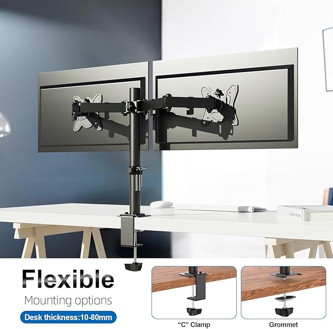 GRIFEMA GB2001A-2 Monitor Mount for 13-27 Inch Flat & Curved Screens, Height Adjustable, Tilt, Swivel, 360° Rotation, 10 kg per Arm, VESA 75/100 mm