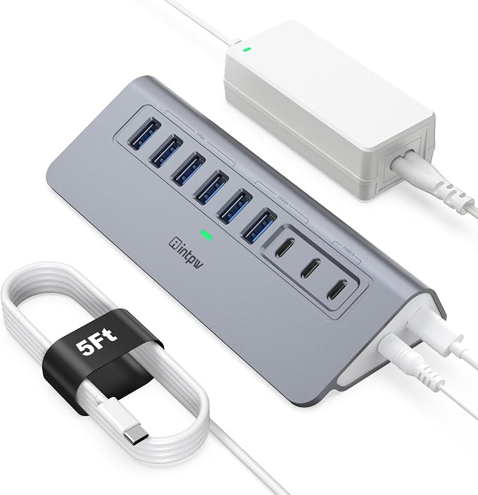 Powered USB Hub 10Gbps, intpw YH6AC 9-Port USB HUB with 10Gbps USB A/USB C 3.2, 4 USB 3.0, 2 PD 45W Charging Port, 65W Power Adapter + 5FT Cable, Aluminum USB Hub for Laptop, PC,iPhone 17/16