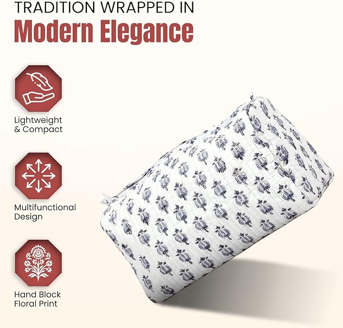 Cotton Hand Block Floral Print Toiletry Bag For Women Make Up Cosmetic Bag Jewelry Organizer Kit Storage Case Travel Accessories Essential Toiletries Purse Pouch (White - Small Medium Large, Set of 3)