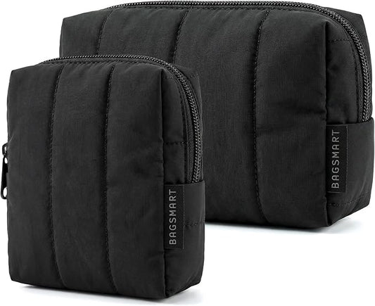 BAGSMART Makeup Bag Duo Set, Puffy Padded Travel Cosmetic Organizer with Slip-in Pockets, Large Toiletry Bag & Small Purse Pouch, Travel Essentials for Women, Black
