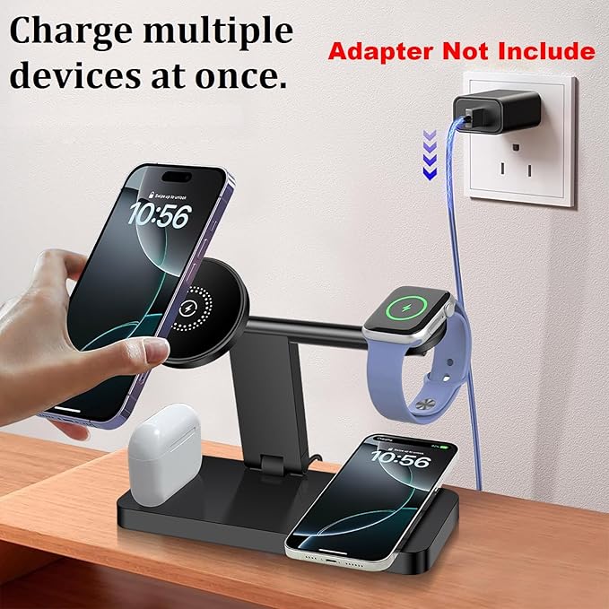 4 in 1 Wireless Charging Station, 15W Fast Wireless Charger for Mag-Safe Magnetic Charging Stand for iPhone 17 Pro Max/17 Air/16 Pro/16 Plus/15/14/13/12 mini,AirPods Pro,Apple Watch Series,Black