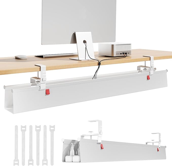 Litwaro Under Desk Cable Management Tray No Drill, 40.6" Cord Organizer with Clamp for Standing Desk, Premium Fabric Cable Tray with Wire Management for Office Home, White