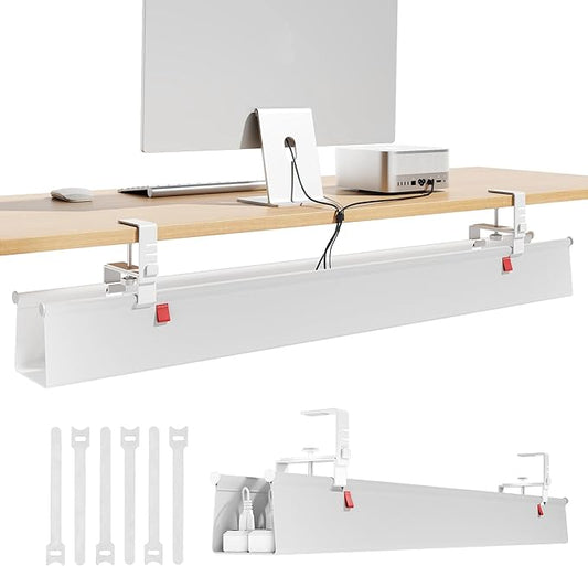 Litwaro Under Desk Cable Management Tray No Drill, 40.6" Cord Organizer with Clamp for Standing Desk, Premium Fabric Cable Tray with Wire Management for Office Home, White