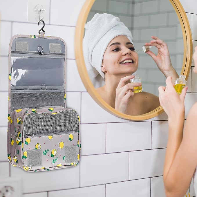 Foldable Hanging Travel Toiletry Bag,Waterproof Portable Travel Bags, Multifunction Travel Makeup Cosmetic Bag Organizer with Hanging Hook (Grey Lemon)