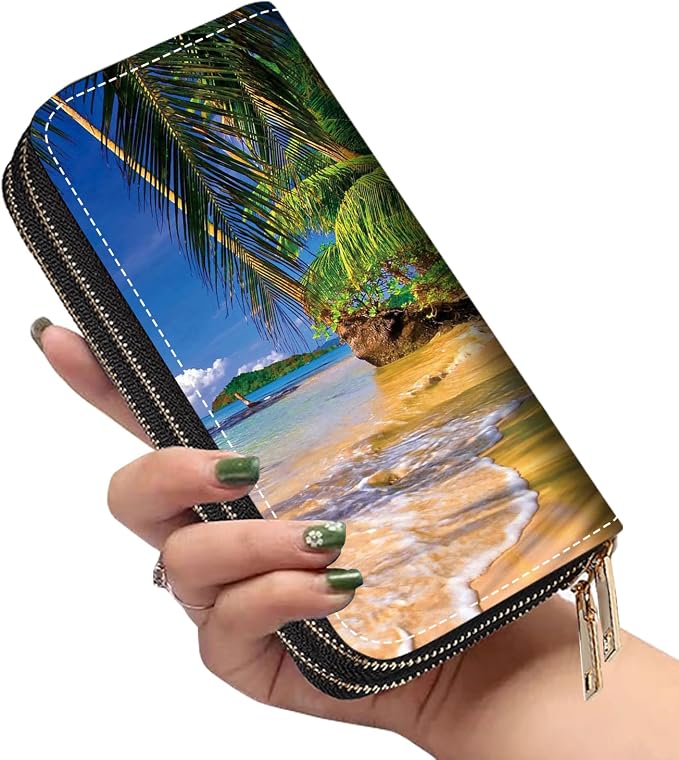 Women's Large Capacity Wallet PU Leather Double Zipper Clutch Purse Multifunctional Wallet with Removable Wristlet Strap for Smart Phone/Coin/Card/Cash, Shore Palms Tropical Beach