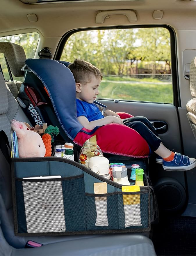 YOHOOLYO Car Seat Organizer Backseat Car Organizer with 4 Compartments, 4 Cup Holders and 7 Mesh Pockets for Front and Rear Seat, Blue