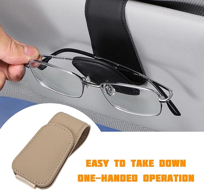 Sunglasses Holder for Car Visor, Microfiber Leather Magnetic Sun Visor Eyeglasses Hanger & Ticket Card Clip, Multi-Function Automotive Interior Glasses Mount, Universal Fit (Beige)