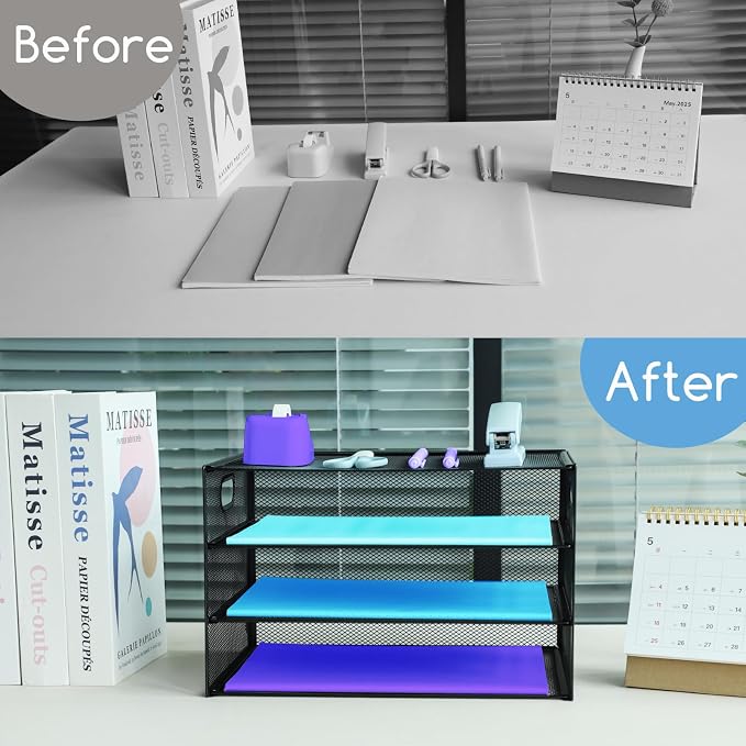3 Tier Desk Organiser with Handle, Pull-Out Mesh File Organizer for Letter Tray Organizer Mesh Desk Organiser Tray Paper Storage Rack for A4 File Office Supplie, Black