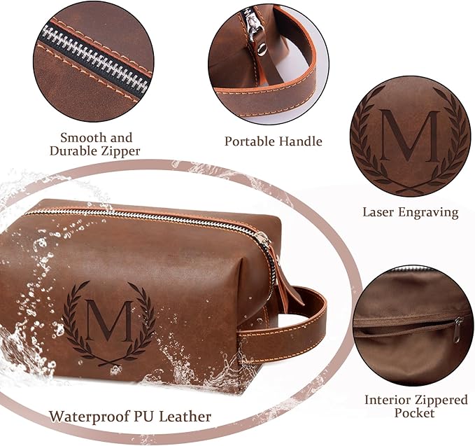 Personalized Travel Toiletry Bag for Men, Custom Initial Shaving Bag Valentines Easter Birthday Retirement Gifts for Men Dad Husband Grandpa Coworker Employee Friend Teacher Reddish Brown K