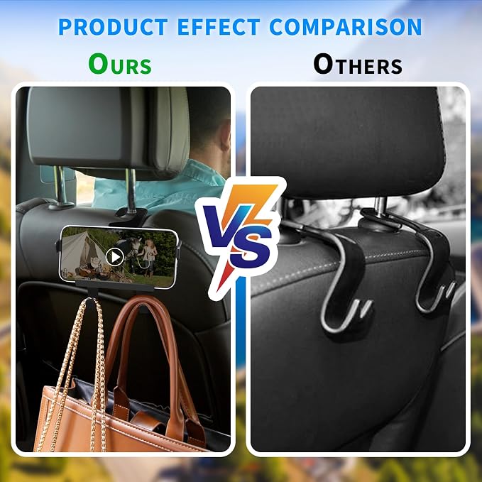 Upgraded Car Headrest Hidden Hook 2 in 1 Car Seat Hooks with Phone Holder for Purse, Hangers Vehicle Organizer ，Durable Hanger Storage Holder Organizer