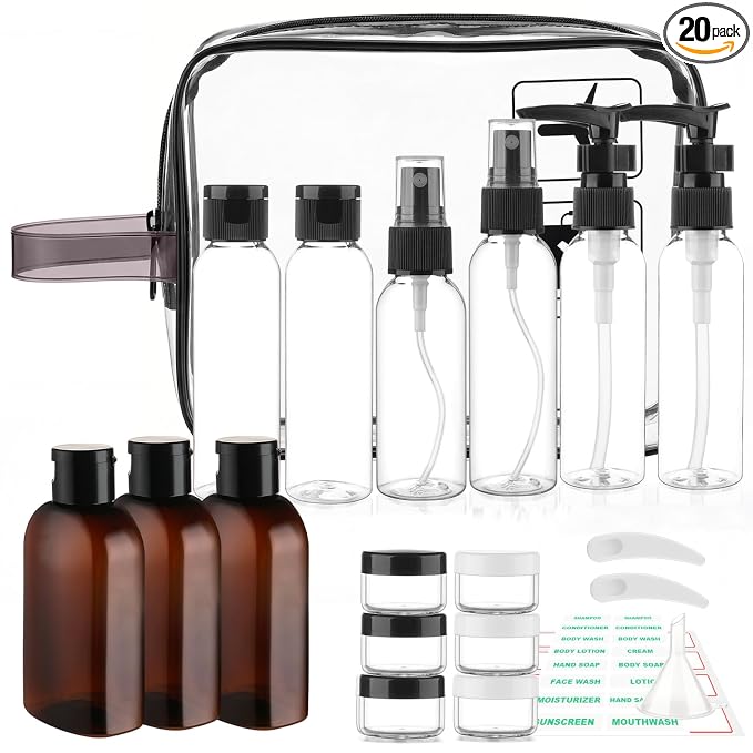 Cosywell Travel Size Bottles for Toiletries 20 Pack 2oz TSA Approved Toiletry Bottles Leak Proof Travel Kit for Women Men TSA Clear Toiletry Bag Shampoo Lotion Skincare Cosmetic Container（Black）