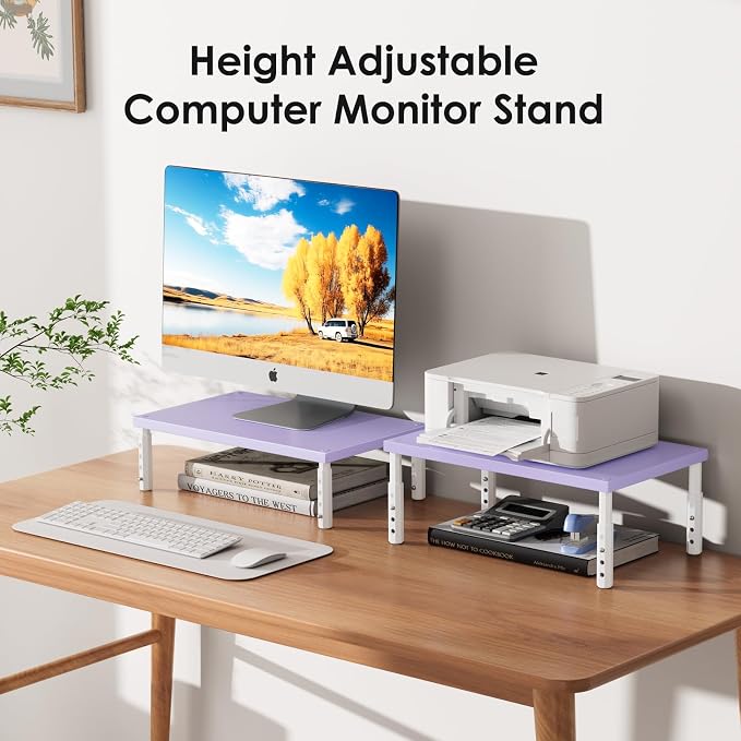 ECOLOVI Wood Computer Laptop Monitor Stand Riser, 4-Height Adjustable Desk Organizer and Accessories, Workspace Office Desk Decor & Accessories for Women, Purple