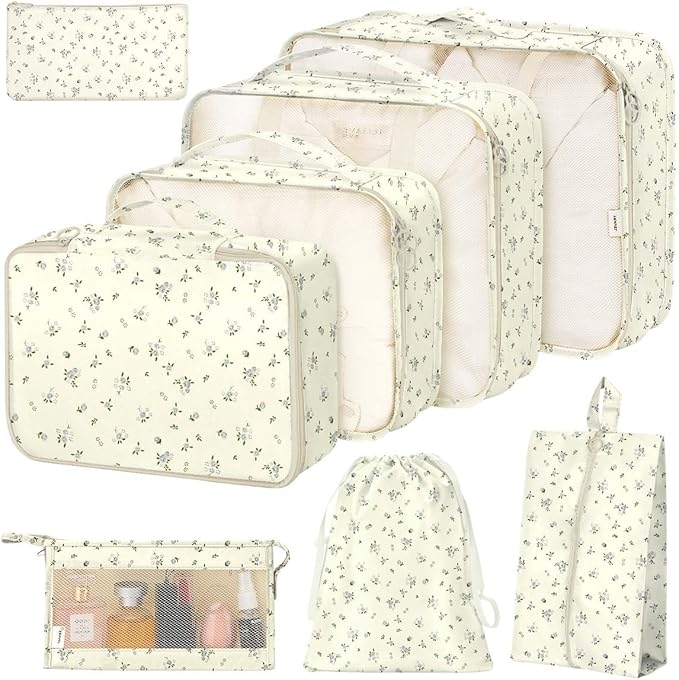 8 Set Packing Cubes for Suitcases, Packing Cube with Shoe, Cosmetics, Clothing, and Accessories Bags for Travel Luggage Organizer Women Men(Grey Flowers)