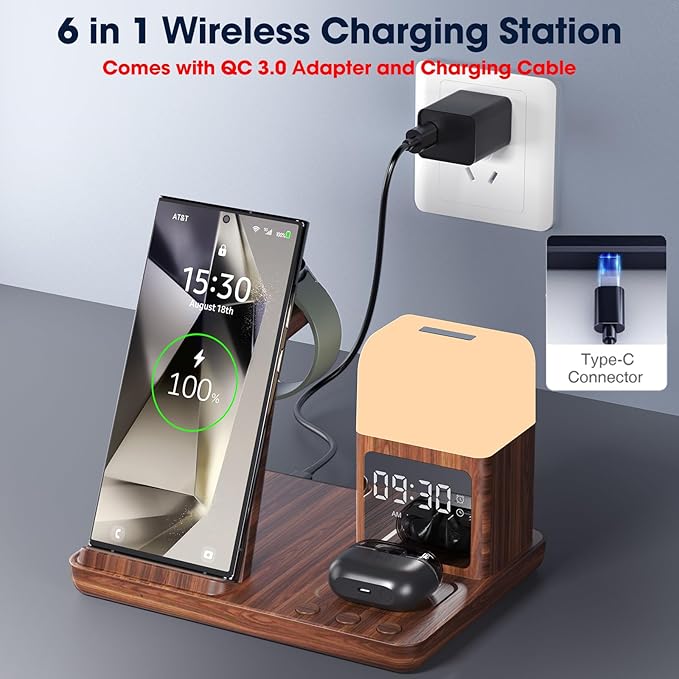 Wireless Charger for Samsung/Android, 6 in 1 Phone Nightstand Charging Station Charger with Alarm Clock/Night Light for Samsung S25/S24/S23 Ultra/Buds3,Watch Charger for Galaxy Watch 8/7/6/5-Wood